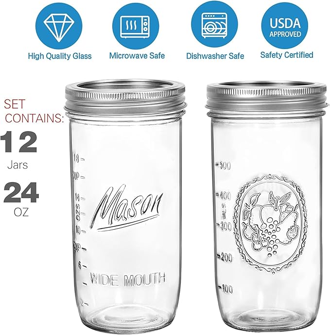 24 oz Wide Mouth Mason Jars - Canning Jars with Metal Airtight Lids and Bands, 24 ounce Mason Glass Jars for Fermenting, Pickling, Meal Prep, Overnight Oats, Jam, Jelly, DIY Projects (12 pack)