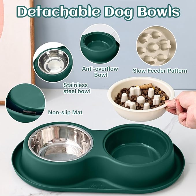 Slow Feeder Dog & Cat Bowls - 3-in-1 Slow Feeding & Water Bowl | Non-Slip Mat & Stainless Steel Bowls | Final Loss Leader Sale | Limited Stock While Supplies Last. (Green)