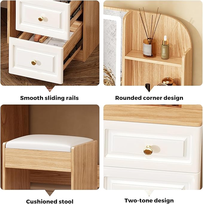 43" Makeup Vanity Desk with Mirror and Lights, & Power Outl, Glass Top Big Vanity Table with 9 Drawers& 8 Storage Shelves, Dressing Table Set with Chair for Bedroom, Oak and White