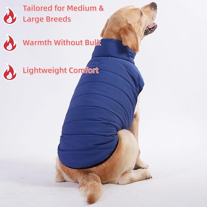 LovinPet Reversible Dog Puffer Coat for Medium & Large Dogs, Down‑Insulated Winter Jacket, Water‑Resistant & Wind‑Resistant, Anti‑Static, Dual-Sided Blue & Black for Cold Weather,2XL