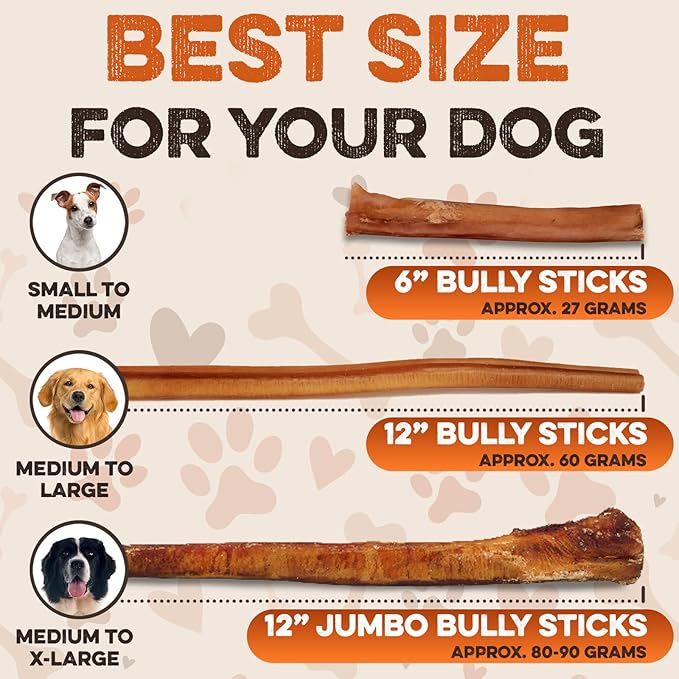 BRUTUS & BARNABY Bully Sticks for Dogs, Jumbo – Low-to-No Odor, Grass-Fed, Rawhide-Free Chews for Aggressive Power Chewers