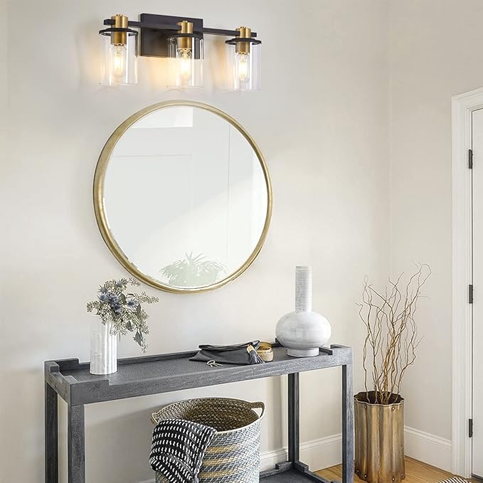 stambord 3 Light Bathroom Vanity Light, Black and Gold Light Fixtures, Sconces Wall Lighting with Glass Shade, Modern Brushed Vanity Lights for Bedroom, Hallway