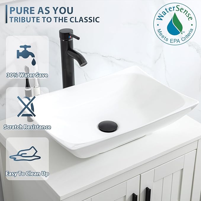 eclife 36" Modern Bathroom Vanity Sink Combo Freestanding Cabinet with Small Side Cabinet, White Curved Ceramic Vessel Sink, Water Save Faucet, Drain (White+T32)