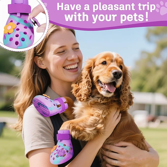 Dog Shoes for Hot Pavement, Adjustable Magic Tape Boots for Small, Medium & Large Dogs, Anti-Slip, Easy to Clean Paw Protectors for Beach, Outdoor & Hot Weather (Purple M)