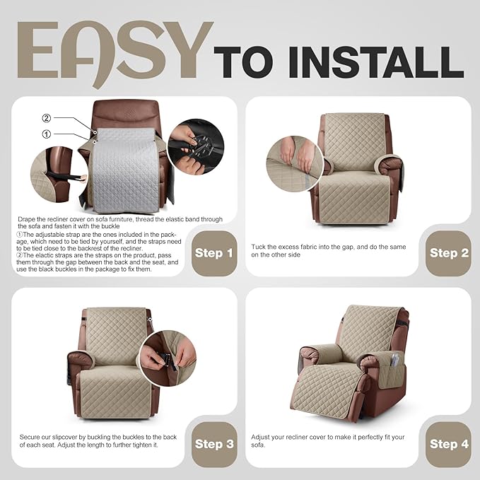 KinCam 100% Waterproof Recliner Chair Cover, Reclining Couch Covers for Pets, Dogs, Recliner Couch Slipcover Furniture Protector with Elastic Straps for Kids(25", Khaki)