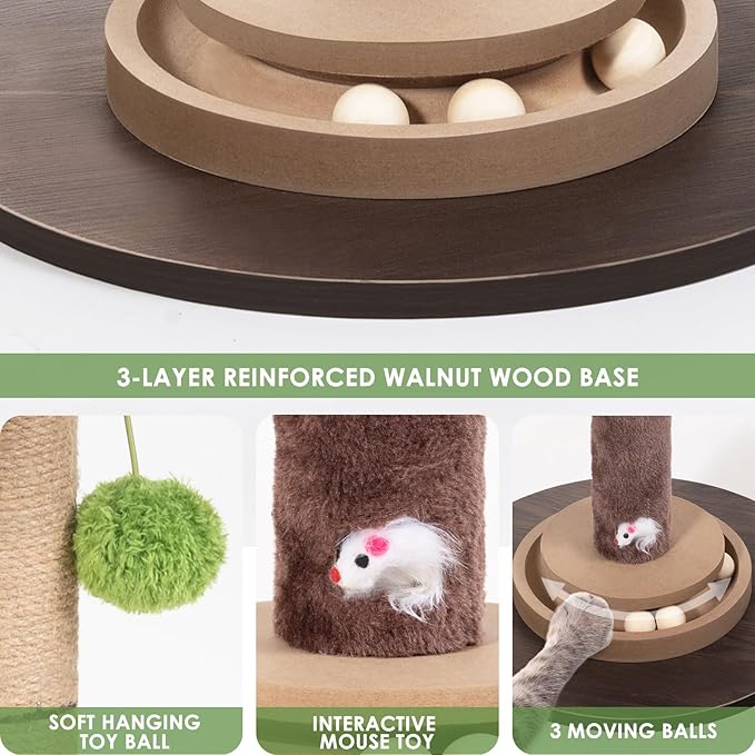 Cat Scratching Post, 35 Inch Tall Cat Scratcher Cat Tree Tower with Hanging Ball for Indoor Cats Adults,Monstera Sisal Rope Kitten Scratch with Interactive Mouse Cat Toy