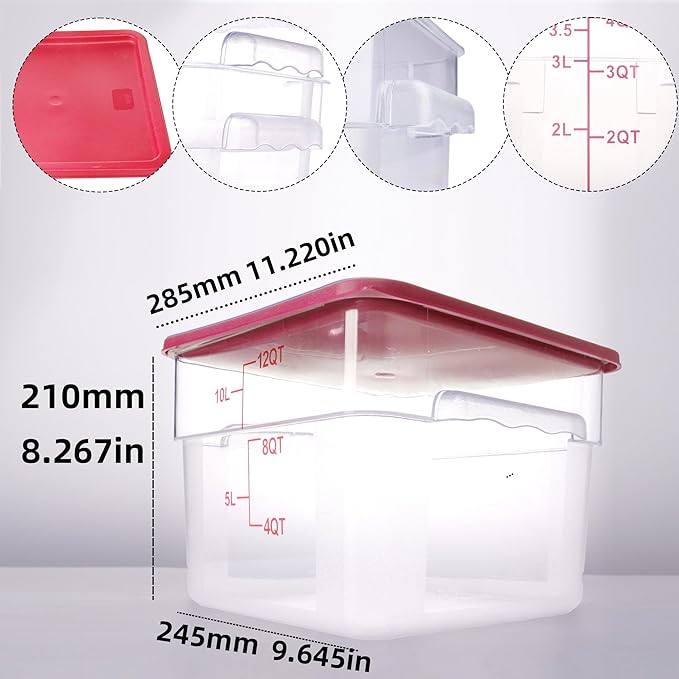 2 Pack Red Square Food Storage Container With Lid,Commercial Storage Box With Scale & Handle,Cake Making,Dough Marinating Meat,Kitchen Supplies (12 Quart)