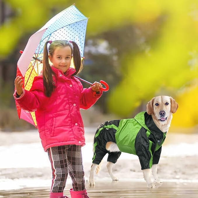 Lightweight Dog Rain Jacket, Adjustable 4-Legs Pet Poncho with Hood, Snow-Proof Dog Vest Rainwear, Rain Clothes Apparel with Leash Hole