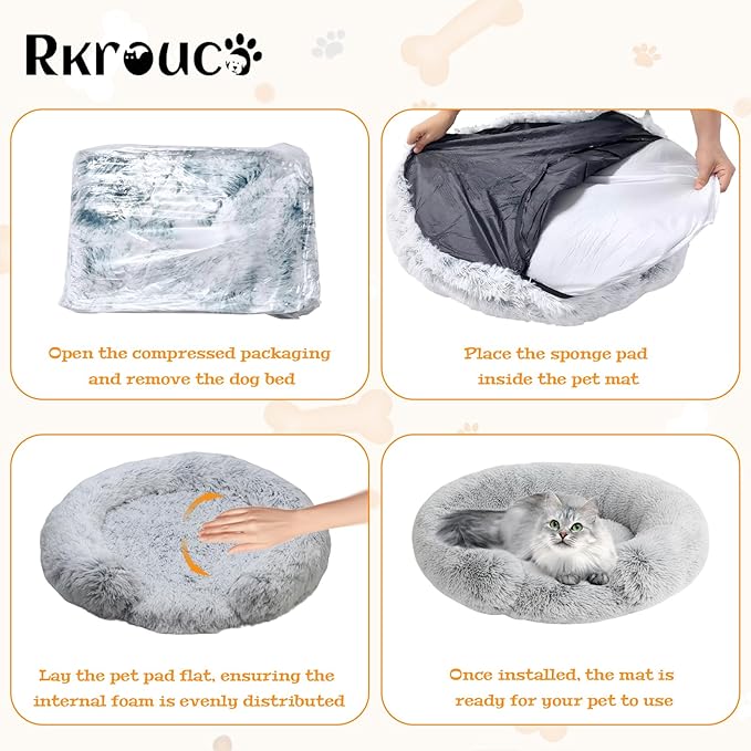 Fluffy Dog Bed Calming Donut Beds for Large Dogs Warming Round Small Medium Pet Nest Cozy Cat Mattress Indoor Washable Puppy Kennel Kittens Sleep Mat (XS, 20×20 inch, Gradient Gray)