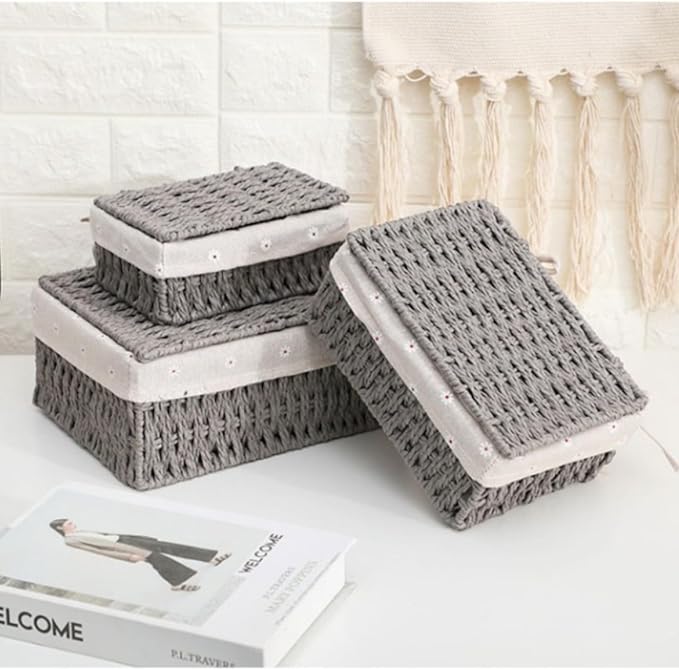 Wicker Shelf Basket with Lid Paper Storage Baskets for Shelves Small Storage Bin with Removable Liner Nesting Decorative Woven Basket for Makeup Closet Organizer (Small, Grey)