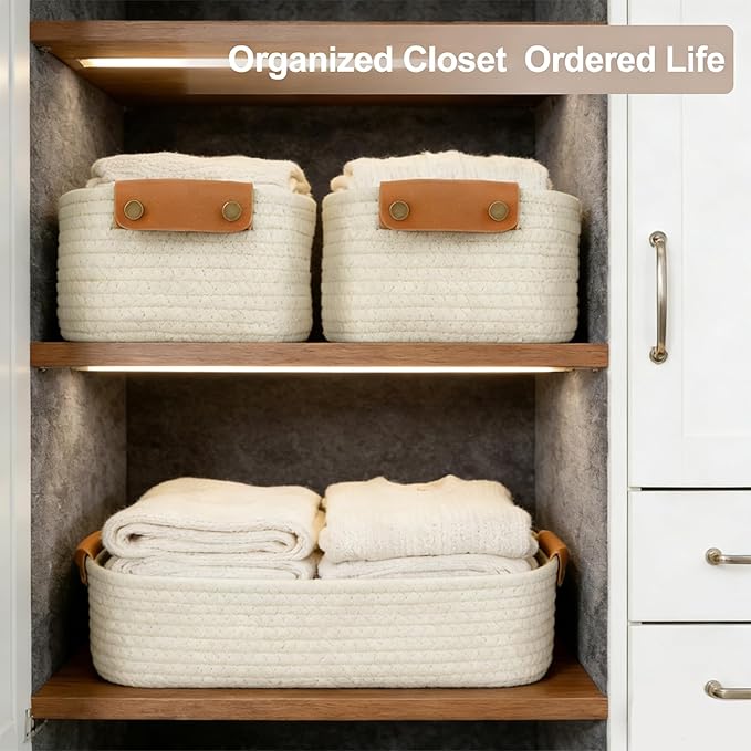 SVNR Beige Storage Baskets Set of 5, Woven Rope Shelf Bins for Organizing - Durable Cube Organizers for Closet, Nursery, Bedroom, Toy Storage with Handles, Modern Home Decor