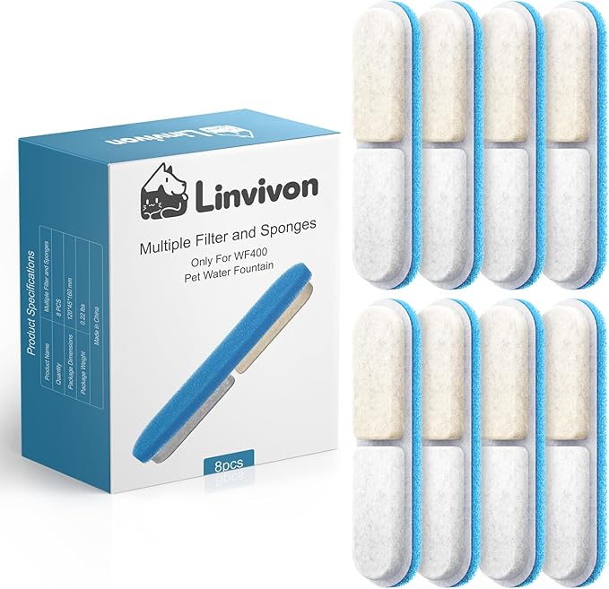8-Pack Replacement Filters & Sponges Only for WF400 Pet Water Fountain, Design for Stainless Steel Dog Water Fountain for Large Dogs (No Include Bowl)