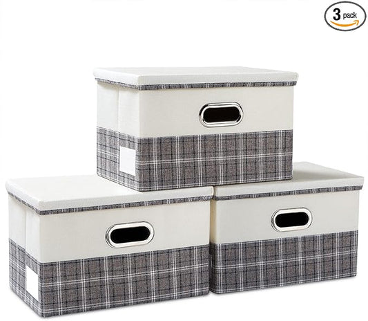 PRANDOM Collapsible Storage Bin with Lid [3-Pack] Fabric Foldable Storage Box Organizer Container Basket Cube with Cover for Home Bedroom Closet Office Nursery Gray plaid & Cream(14.9x9.8x9.8)
