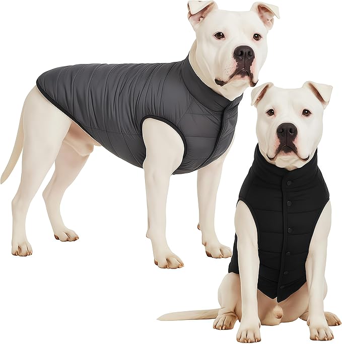 LovinPet Reversible Dog Puffer Coat for Medium & Large Dogs, Down‑Insulated Winter Jacket, Water‑Resistant & Wind‑Resistant, Anti‑Static, Dual-Sided Black & Grey for Cold Weather,2XL