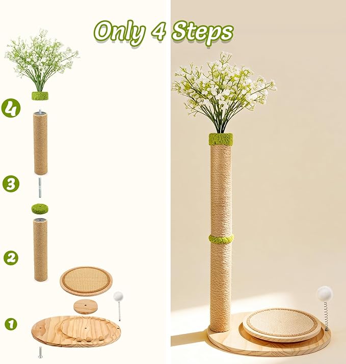 Cute Babys Breath Flower Cat Scratching Post, 39" Tall Cat Scratcher, Interactive Cat Toys with Ball Track & Spring Ball, Cat Scratch Post with Pad for Indoor Cats Adults and Kittens