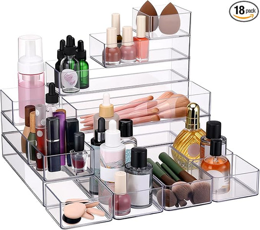 18 Pcs Drawer Organizer Stackable 4 Size Makeup Drawer Organizer Trays Acrylic Bathroom Vanity Storage Bins for Cosmetic, Jewelries, Office Supply, Kitchen Utensils(Clear,Glossy)