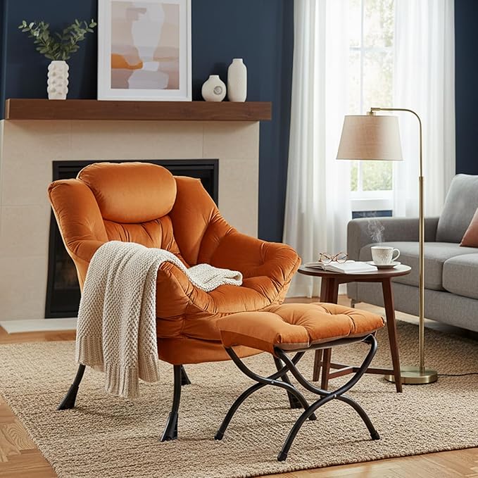Welnow Lazy Chair with Ottoman, Modern Lounge Accent Chair with Armrests and a Side Pocket, Leisure Sofa Armchair, Reading Armchair with Footrest for Small Space, Corner Chair