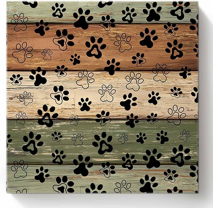 Framed Canvas Wall Art for Living Room Dog Paw Print Wall Decor, Retro Brown Green Wood Grain Aesthetic Paintings for Bedroom Office Kitchen Bathroom, Ready to Hang Artwork Wall Pictures 24x24 Inch