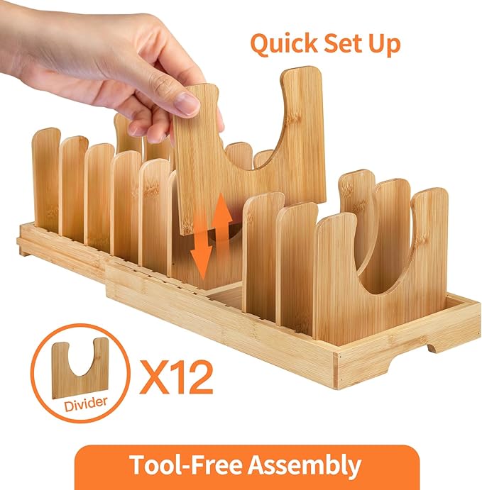 Bamboo Pots and Pans Organizer under Cabinet, Expandable Pot lid Holder Rack and cutting board organizer, Adjustable Bakeware Cookie Sheet Tray for Kitchen Storage