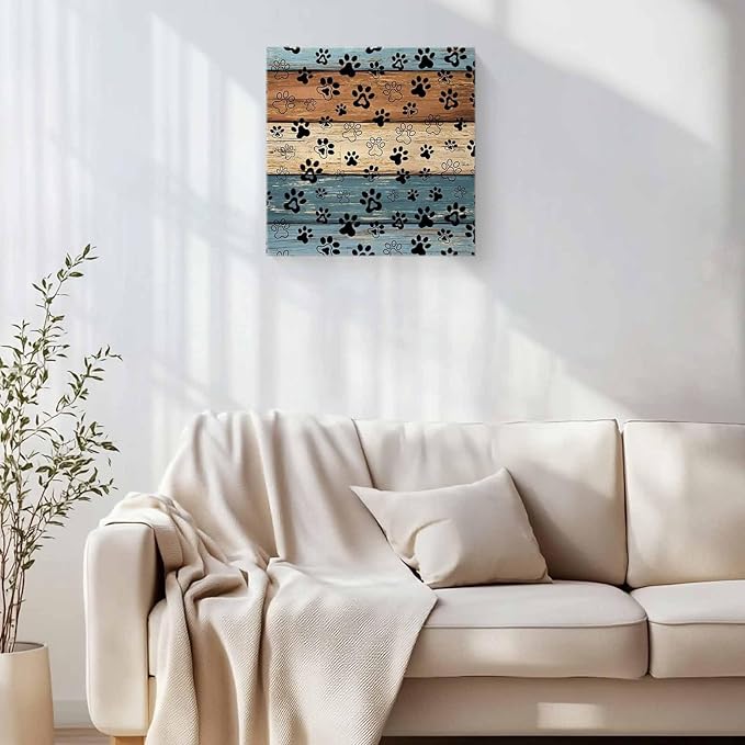 Framed Canvas Wall Art for Living Room Dog Paw Print Wall Decor, Retro Brown Mist Blue Wood Grain Aesthetic Paintings for Bedroom Office Kitchen Bathroom, Ready to Hang Wall Pictures 24x24 Inch