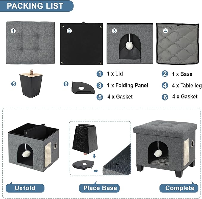 BRIAN & DANY Foldable Cat House for Indoor Cats, Large Cat Cube for Pet Cave with Scratch Board & Ball, 17.7 x 14.8 x 15 inches, Gray (Large)