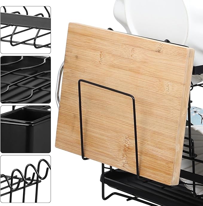 Large Capacity Double Tier Dish Drying Rack with Drainboard and Side Utensil Holder Over Sink Kitchen Counter Organizer for Bowls Plates Cutlery and Chopping Board Storage