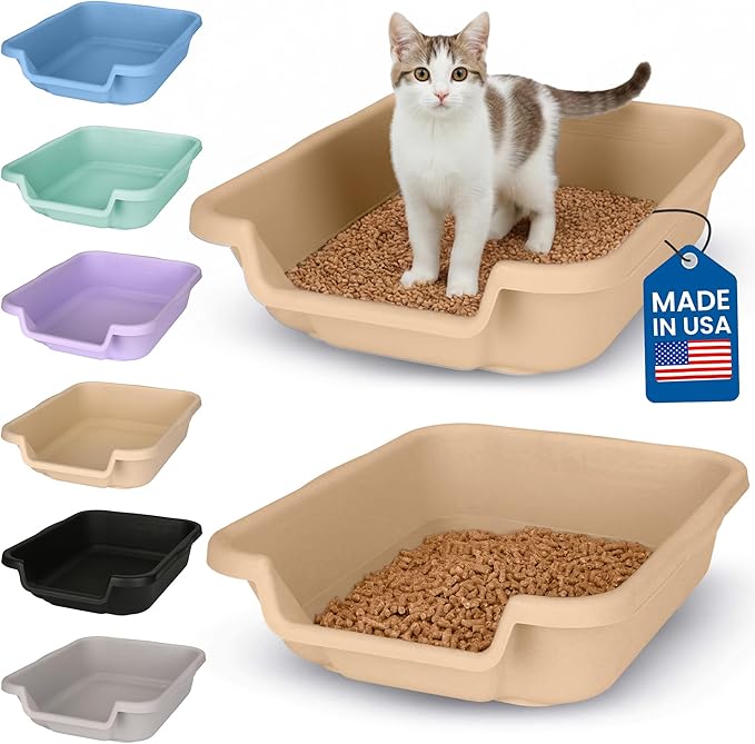 KittyGoHere Senior Cat Litter Box, Small Litter pan, Open Top Low Entrance Kitty Litter Box, Lightweight Low Entry Litters Box, Durable, Made in USA (2 Pack - Beach Sand)
