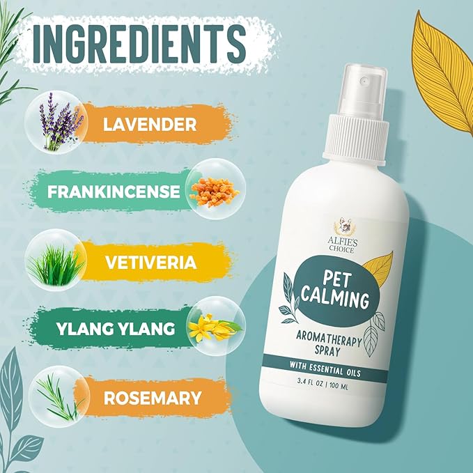 ALFIE'S CHOICE Pet Calming Aromatherapy Spray for Dogs |3.4 fl oz Travel Size | Lavender & Valerian Aromatherapy Mist | for Crate, Car & Vet Visit Comfort | Made in USA