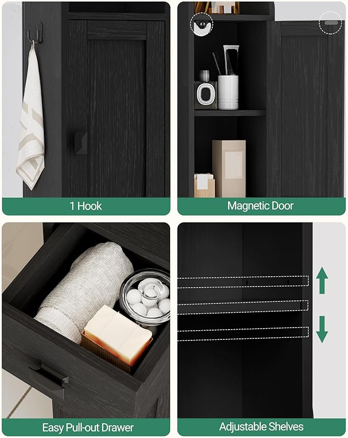 Bathroom Storage Cabinet, Narrow Tall Bathroom Cabinet, Freestanding Floor Cabinets with 2 Doors and 1 Drawer, Toilets Organizer with Adjustable Shelf, 1 Hook for Small Spaces, Black