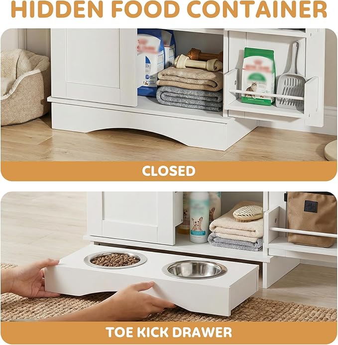 Dog Storage Cabinet with Bowls, Pet Food Storage Cabinet with Adjustable Shelves, Hidden Dog Feeding Station with Hooks, Letter Stickers, Pet Storage Organizer for Cats and Dogs, White