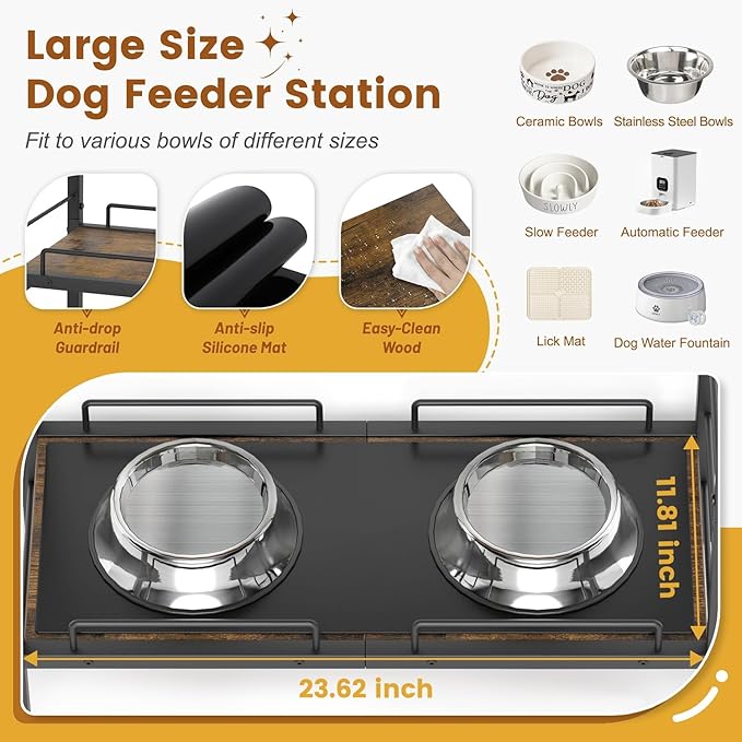 Elevated Dog Feeding Station, 23"D x11"W Large Raised Bowl Stand with Toy Basket Bin, 4 Height Adjustable Food Bowl Holder Cabinet Pet Storage Organizer for Medium Small Dogs Cats