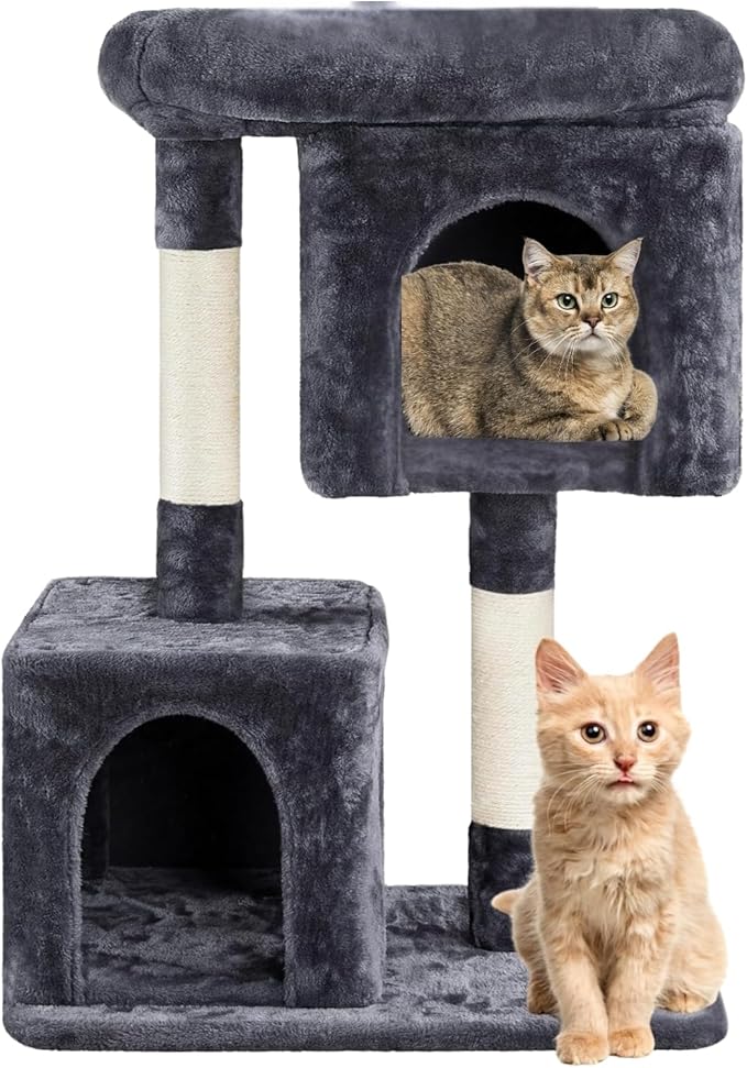 FluffyDream 33.5in Small Cat Tree Tower for Indoor Adult Cats, 2 Cozy Plush Condos, Oversized Perch & Sisal Scratching Posts,Grey