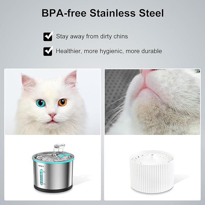 NPET WF210 Cat Water Fountain Stainless Steel, 50oz/1.5L Dishwasher-Safe Pet Water Fountain Ultra Quiet Automatic Cat Water Dispenser with Light for Cats Inside (4 Filters+Fountain(with Adapter))
