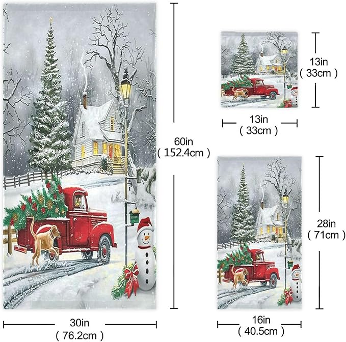 Pfrewn Red Xmas Tree Truck Winter Snowflake Dog Towels Set of 3 Christmas Winter Bathroom Towel Soft Absorbent Bath Hand Towels Washcloth Guest Towel Sets Merry Christmas Xmas Bathroom Decor Gifts