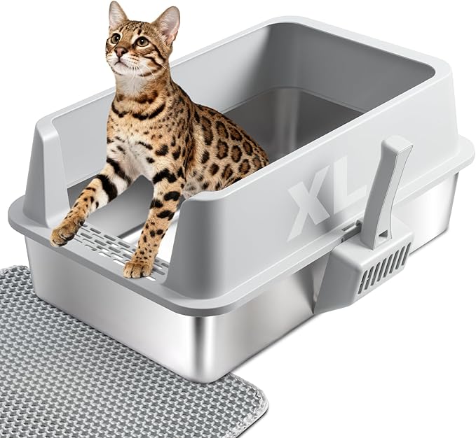 Stainless Steel Litter Box with Lid,XL Metal Cat Litter Box,Extra Large Litterbox for Big with High Sides,Non-Stick, Odor-Free,Easy to Clean,Include Litter Mat &Scoop,23x14.6x10in