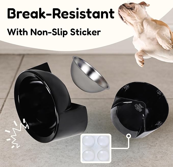 Tilted Dog Bowl for Flat-Faced & Senior Dogs, 2 Pack 15° Slanted Stainless Steel Dog Food Bowl, Elevated Pet Feeder for Small & Medium Dogs, Comfortable Eating Design (Black*2, M (420 ML / 1.5 Cups)