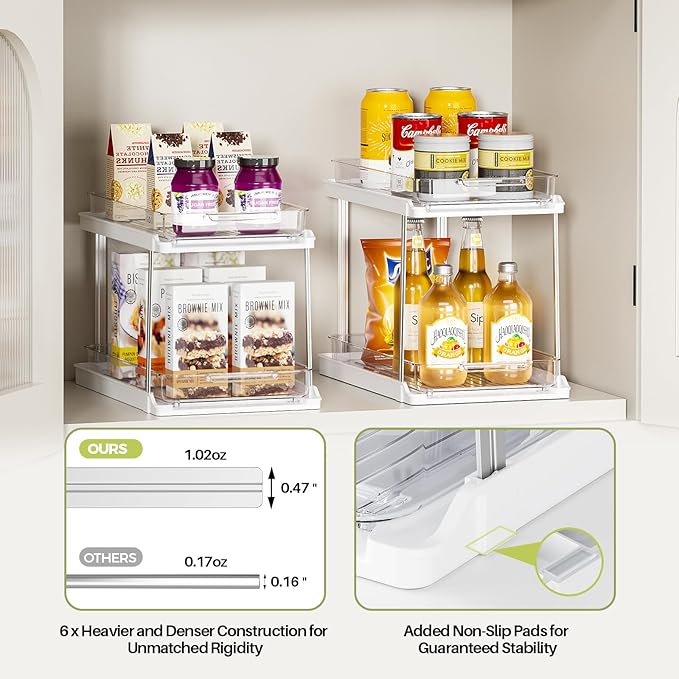 Delamu 2-Tier Bathroom Under Sink Organizers and Storage, Pull Out Cabinet Drawers with Anti-Slip Design & Two Sizes, Multi-Purpose Storage for Kitchen, Pantry, Bathroom & Home Organization, 4 Pack