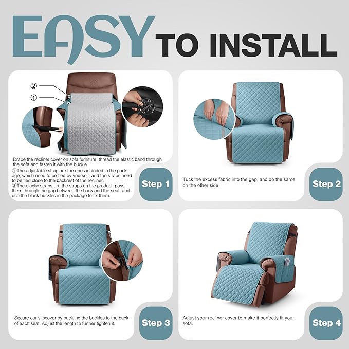 KinCam 100% Waterproof Recliner Chair Cover, Reclining Couch Covers for Pets, Dogs, Recliner Couch Slipcover Furniture Protector with Elastic Straps for Kids(23.6", Light Blue)