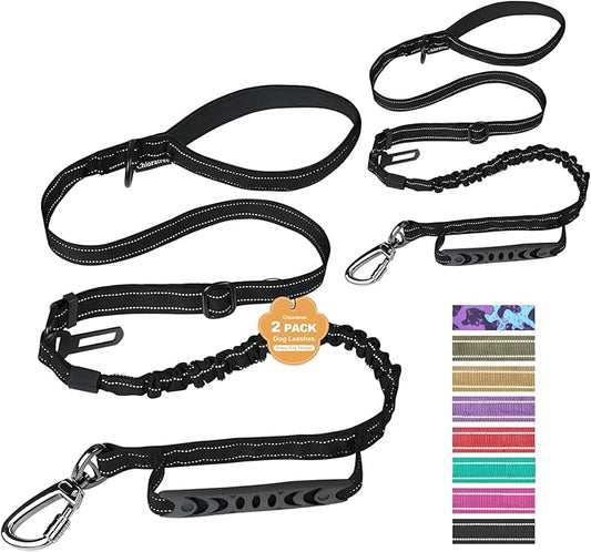 2 Pack Heavy Duty Dog Leash for Medium Large Dogs That Pull,4-6FT Shock Absorbing Bungee Tactical Dog Leash with Control Padded Handle Car Seatbelt,Reflective Walking Training Lead,Black