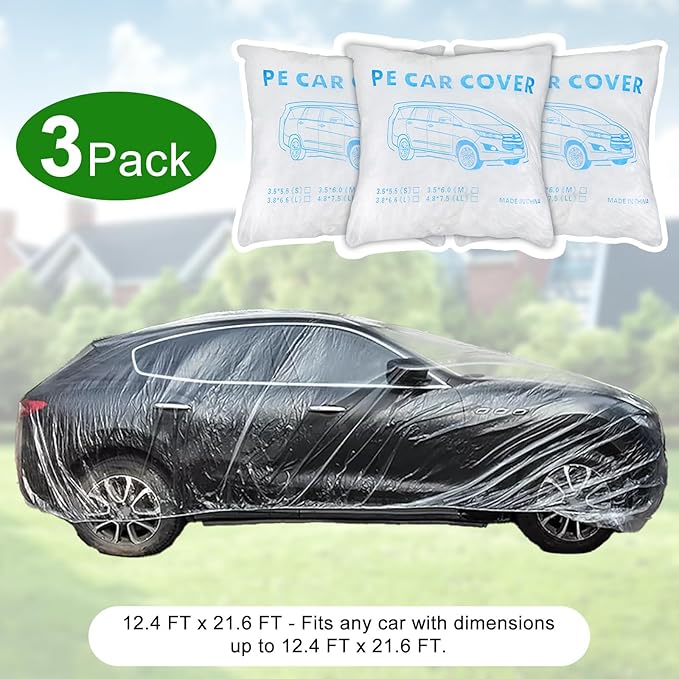 3 Packs Disposable Car Cover Clear Plastic Car Cover Universal Rain Dust Garage Cover with Elastic Band Medium (12.4 FT x 21.6 FT