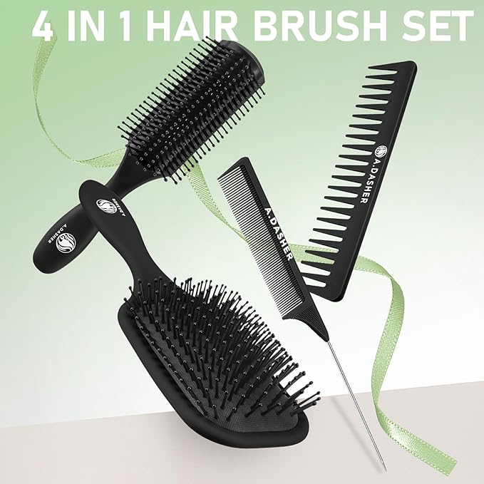 4Pcs Paddle Hair Brush Set, Detangler Brush and comb Afro 3/4abc Texture - Detangling Hairbrush for Wet Dry Long Thick Thin Natural Curly Hair(Black)