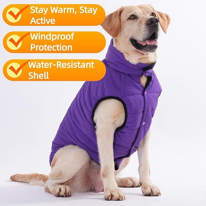 LovinPet Reversible Dog Puffer Coat for Medium & Large Dogs, Down‑Insulated Winter Jacket, Water‑Resistant & Wind‑Resistant, Anti‑Static, Dual-Sided Purple & Black for Cold Weather,3XL