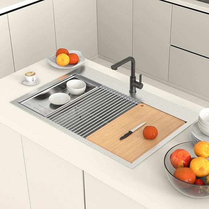 ROVSUN 33 Inch Stainless Steel Drop In, Kitchen Utility Sink, Workstation Deep Single Bowl, Integrated Ledge Multifunctional Workstation Sink Set,Silver