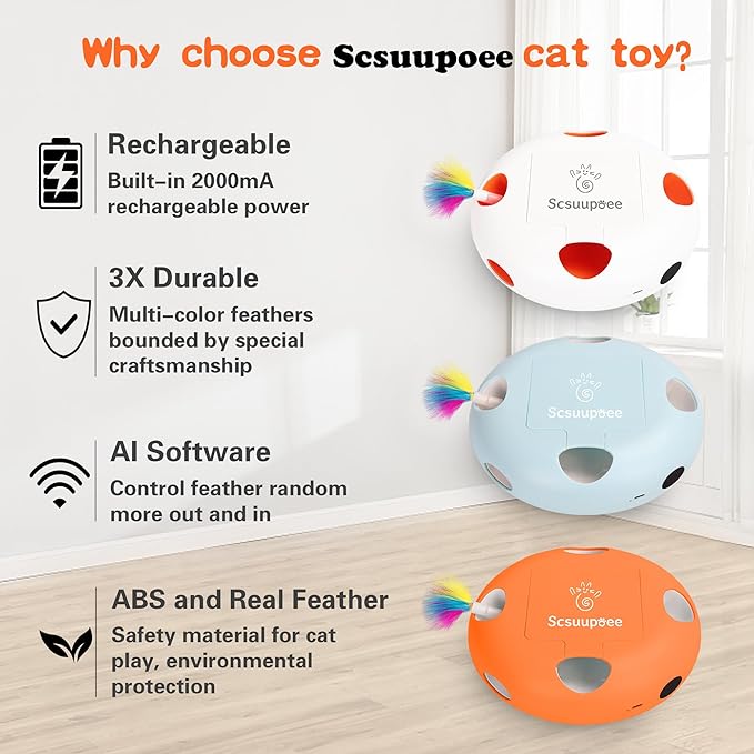 Cat Toys, Rechargeable Interactive Cat Toy, Smart Sensor Pop-Up Feather Toy with 7 Holes, USB Powered Automatic Kitten Toy for Indoor Cats, Blue