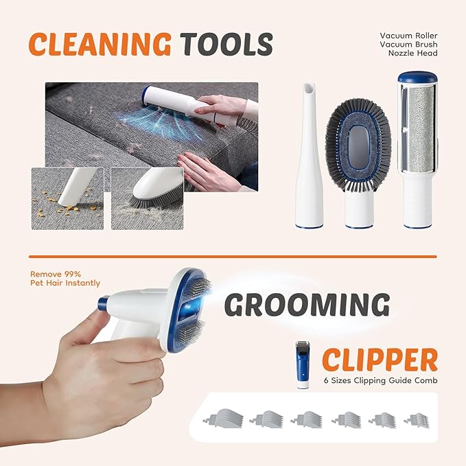 5-in-1 Pet Grooming Vacuum Kit, Dog Clippers with Cordless Low Noise 2.5L Dust Cup, 3 Suction Modes and 5 Groomer Tools for Dogs, Cats and Other Animals Hair Trimmer