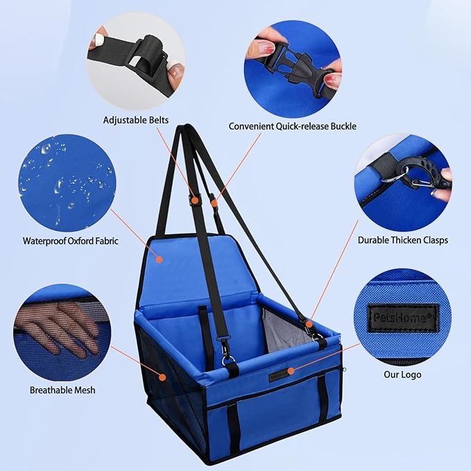 PetsHome Dog Car Seat Foldable Dog Car Booster Seat Waterproof Breathable Oxford Travel Bag for Small to Medium Dogs, Puppies, and Pets-Pure Blue