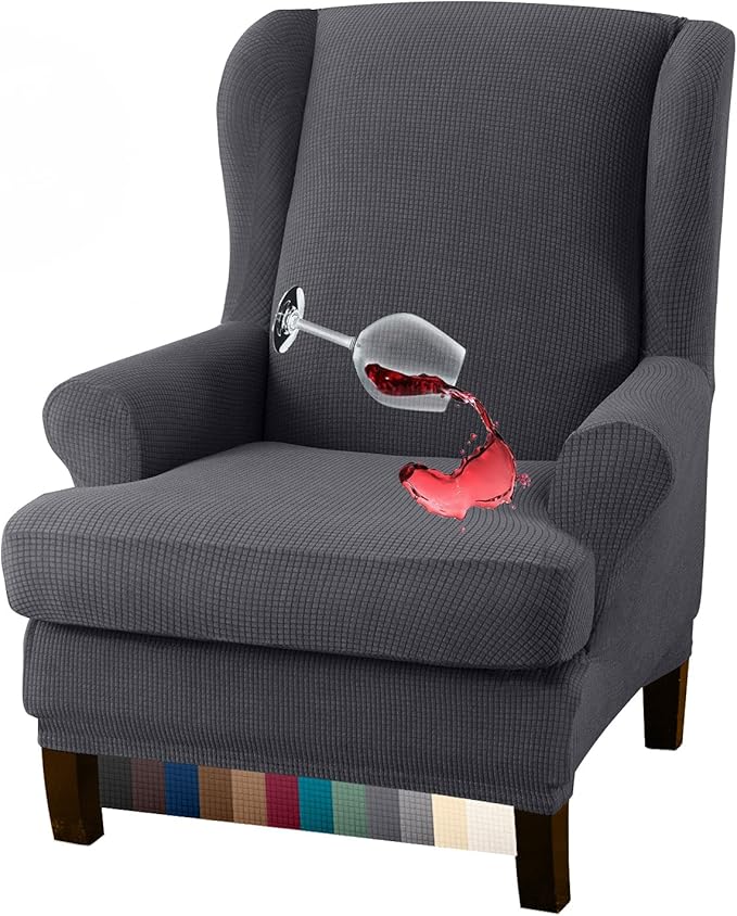 Granbest Premium Water Repellent Wingback Chair Cover 2-Piece High Stretch Jacquard Fabric Wing Back Chair Slipcovers (Wing Chair Cover, Gray)