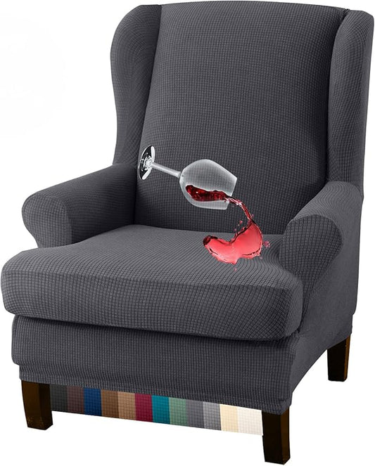 Granbest Premium Water Repellent Wingback Chair Cover 2-Piece High Stretch Jacquard Fabric Wing Back Chair Slipcovers (Wing Chair Cover, Gray)
