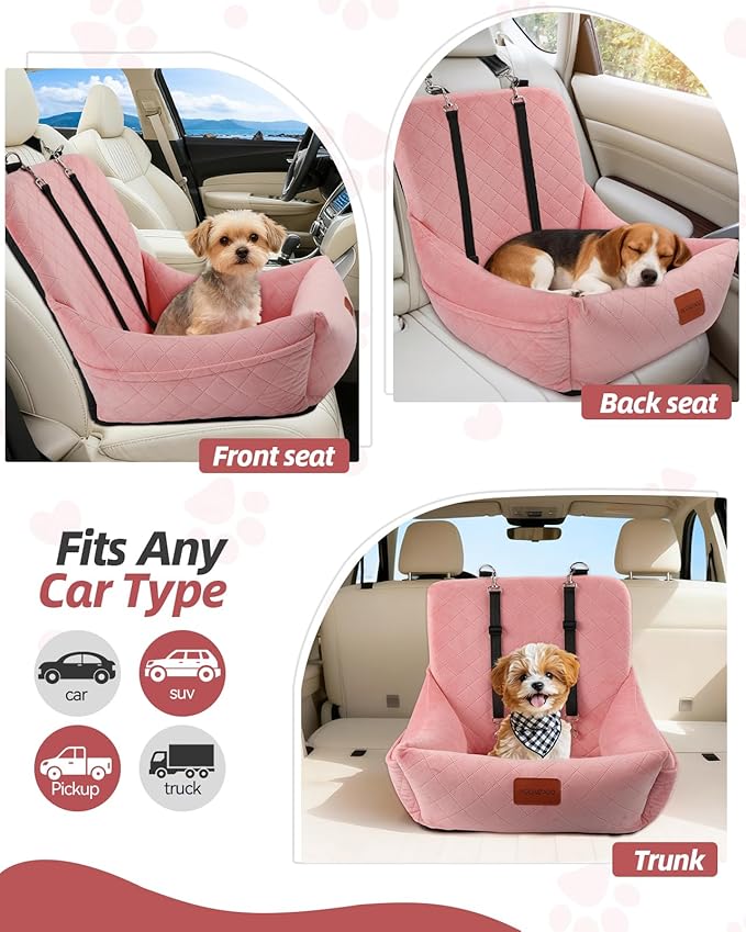 Dog Car Seat,Pet Booste Bed with Seatbelt,Washable Dog Car Travel Bed Easy to Assemble, Clip-On Safety Leash and Storage Pocket (Pink)
