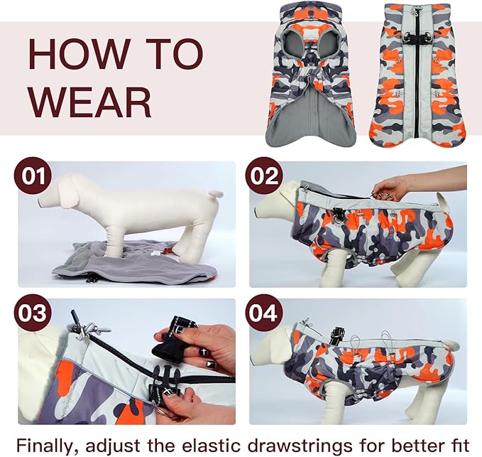 Orange-Camouflage Dog Winter Snow Jacket - X-Large, Water-Resistant, Reflective, Adjustable for Large Dogs